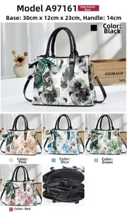 Detailansicht der Maße der floralen Handtasche und des internen Mehrschicht-Reißverschlusses