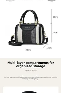 Detailed view of striped canvas tote showing dimensions 23x13x16cm and handle height 11cm