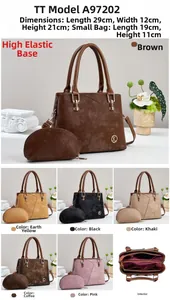 Detailed size chart and multi-color options of matte faux leather tote bag set