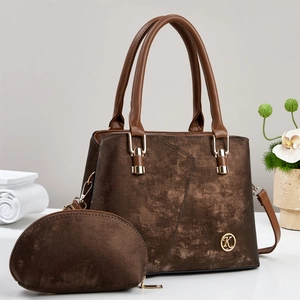 Dark brown matte leather handbag set for women with metal K logo and shoulder strap