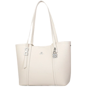 Premium cream white pebble leather tote bag with silver logo and checkered lock charm
