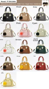 Detailed color chart of leather handbags with metal buckles and floral charms