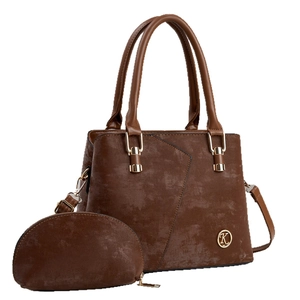 Brown faux leather handbag set with gold hardware and circular K logo on white background