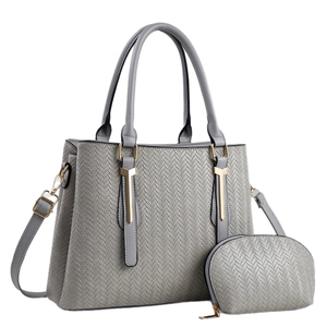 Gray woven texture tote bag set with matching cosmetic pouch and gold metal hardware detail