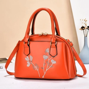 Elegante hellorangefarbene PU-Leder Handtasche mit weißer Blumenstickerei und Griffen