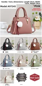 Detailed chart of pebbled leather handbag with size 26x12x19cm and eight available colors
