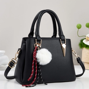 Fashion black lychee pattern tote bag with plush charm and adjustable strap