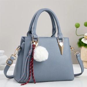 Litchi pattern satchel bag in fog blue with gold metal and plush ball accessory