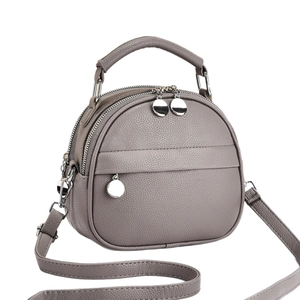 Minimalist grey-purple round leather crossbody bag with lychee texture and dual zippers