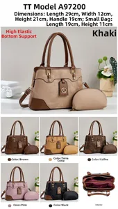 Vue détaillée du grand sac cabas et de la pochette assortie de taille 29x12x21cm
