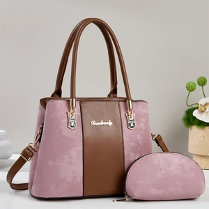 Women Large Capacity PU Leather Handbag With Matching Small Pouch Trendy Splicing Color Block Crossbody Bag Street Fashion Shoulder Bag