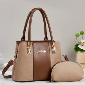 Chic beige suede and dark brown leather tote bag with matching coin purse set