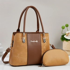 Classic large-capacity tote bag and matching pouch in yellow and brown leather