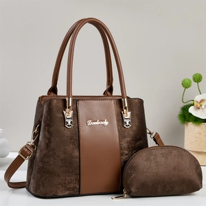 Brown leather large capacity tote bag set with matching pouch and golden hardware