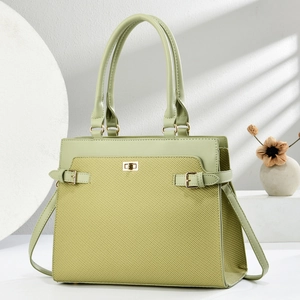 Light green woven PU leather tote bag with trapezoid design and gold hardware
