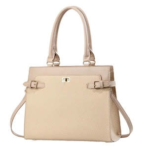 Beige PU leather and woven texture tote bag with gold buckle and adjustable strap