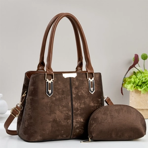Ensemble sac à main vintage en similicuir marron avec grand cabas et petite pochette