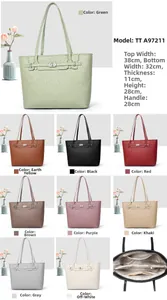 Macro shot of large lychee grain tote bags in nine colors with metal locks and handle dimensions