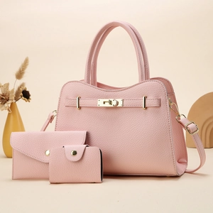 Pink lychee texture leather handbag set with shoulder strap and matching wallets