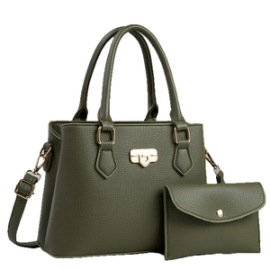 Deep olive green pebbled leather handbag set with gold hardware and shoulder strap