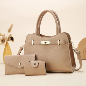 Three-piece beige lychee leather handbag set with golden hardware lock and strap