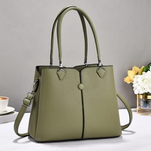 Olive green lychee texture leather tote bag with dual handles and silver hardware details