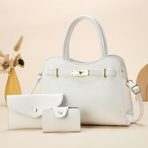 White lychee pattern leather handbag set with three pieces and golden metal hardware