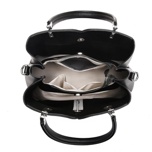 Close-up of black lychee grain tote bag interior with gray lining and three compartments