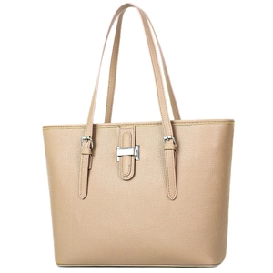 Beige lychee pattern leather tote bag with silver buckle and adjustable straps