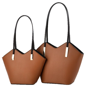 Brown litchi grain leather tote bag set with V-shaped cut and gold metal buckle hardware
