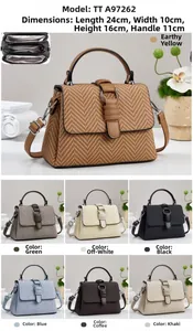Detail showing seven color options and interior tri-compartment structure of woven handbag