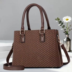 Brown woven texture crossbody pillow bag for women with gold hardware and top handle