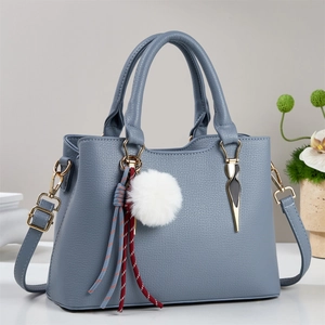 Elegant grey-blue PU leather shoulder bag with plush pendant and gold metal hardware
