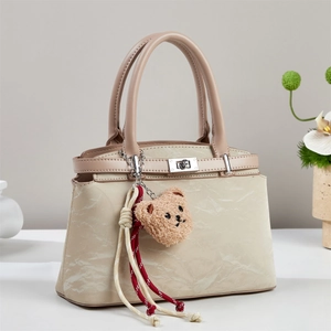 Women Handbag PU Leather Marble Texture Twist Lock Crossbody Bag With Detachable Strap And Plush Bear Charm Fashion