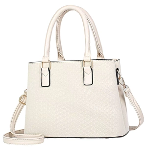 Cream-colored woven handbag with gold hardware and adjustable crossbody strap for women
