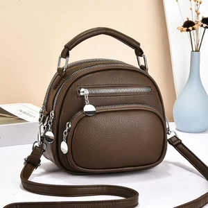 Mini crossbody bag in brown litchi pattern leather with triple zip compartments