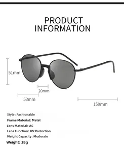 Detailed size specifications of oval metal sunglasses with frame dimensions and 28g weight