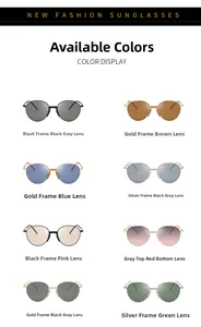 Close-up of classic oval metal sunglasses in eight distinct colors and vintage frames
