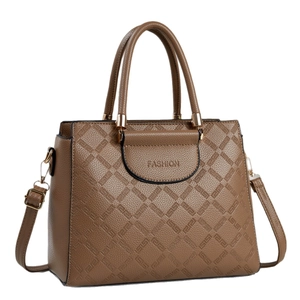 Brown leather tote bag with diamond lattice pattern and adjustable shoulder strap