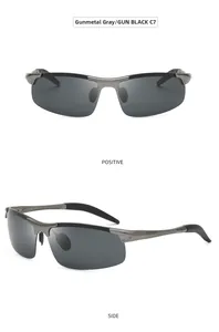 Polarisierte Sonnenbrille aus Alu-Magnesium mit halbrundem Rahmen in Gun-Grau und Seitenansicht