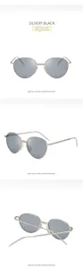 Three-view detail of vintage oval silver metal sunglasses with black grey lenses