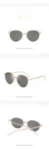 Multiple views of gold metal oval sunglasses with dark gray lenses and minimalist frames