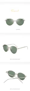 Detailed views of oval metal sunglasses with silver frames and green tinted lenses