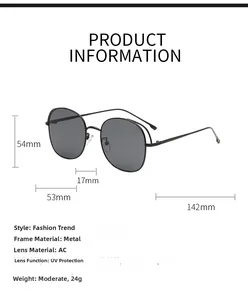 Detailed size specifications for metal hollow frame sunglasses with lens and temple dimensions