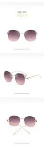 Detailed views of gold metal hollow sunglasses with grey to pink gradient lenses
