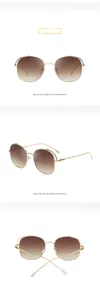 Detailed views of golden metal hollow sunglasses with gradient brown lenses in white background