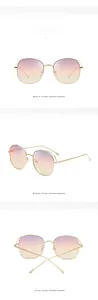 Detailed views of gold hollow metal sunglasses with purple to yellow gradient lenses