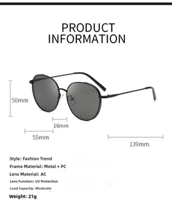 Detailed size chart of vintage round sunglasses showing dimensions and PC metal frame