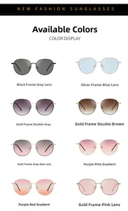Detail view of large round metal frame sunglasses in various lens colors and tints