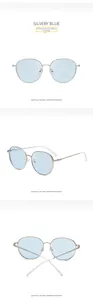 Three-way view of retro round metal sunglasses with silver frame and light blue lenses